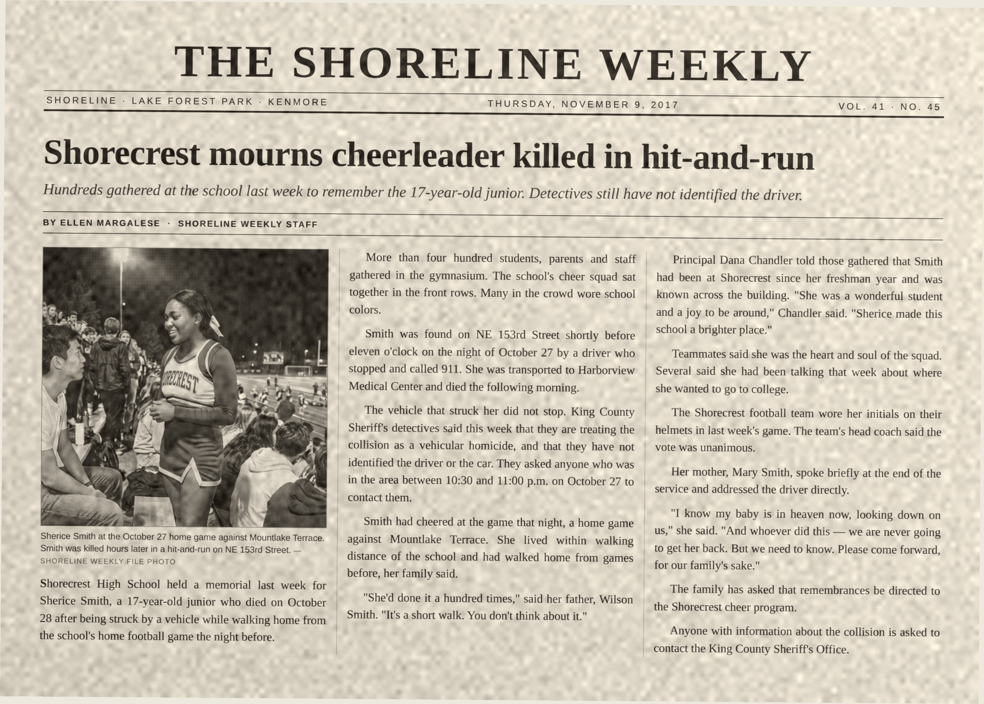 The Shoreline Weekly, November 9, 2017: Shorecrest mourns cheerleader killed in hit-and-run